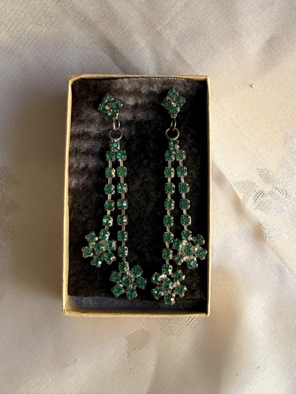 Antique/Vintage Green 2-Strand Rhinestone Floral Design Dangle Earrings
